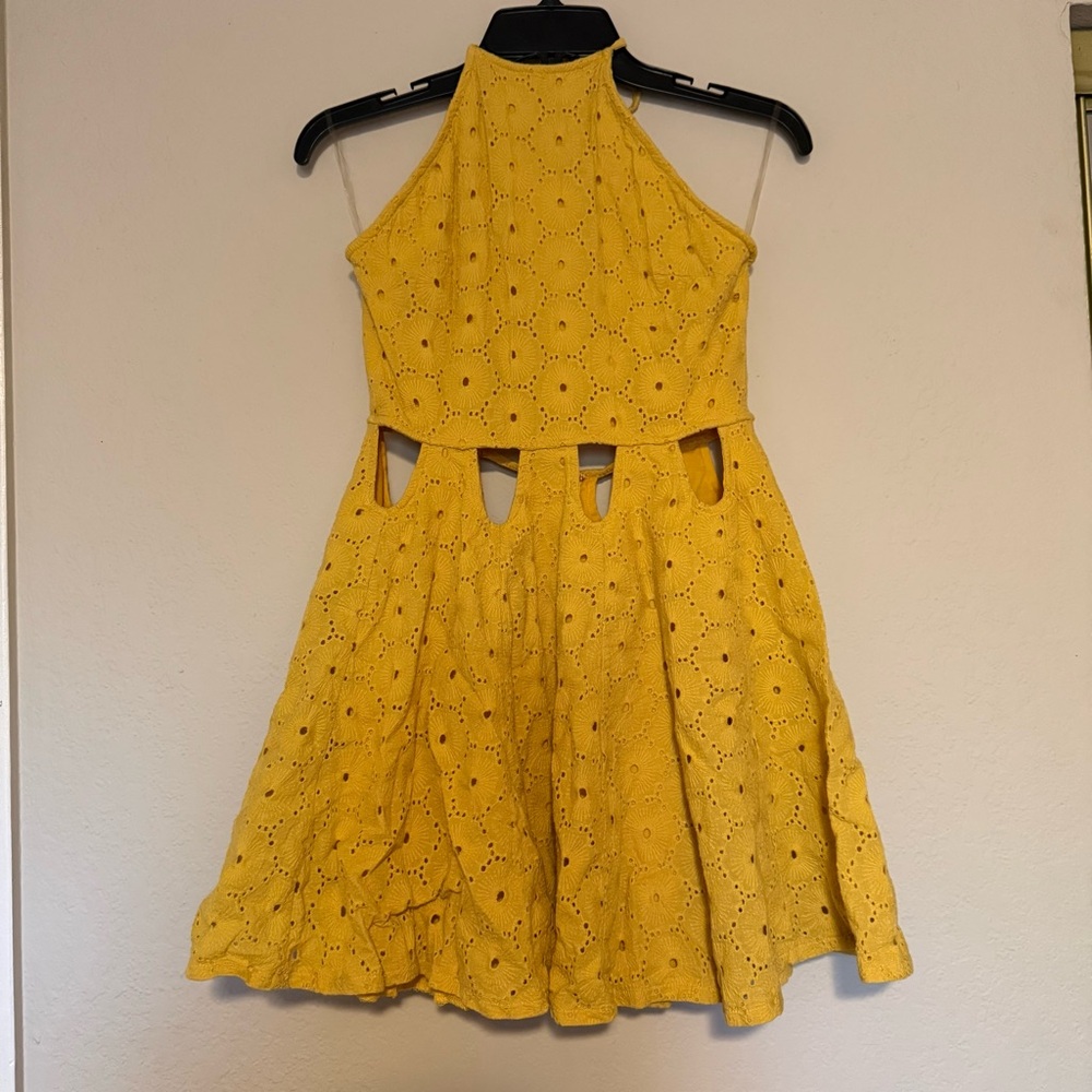 Halter Neck Mini Dress Cotton Cutout Chic Yellow London Rose Womens Size Medium